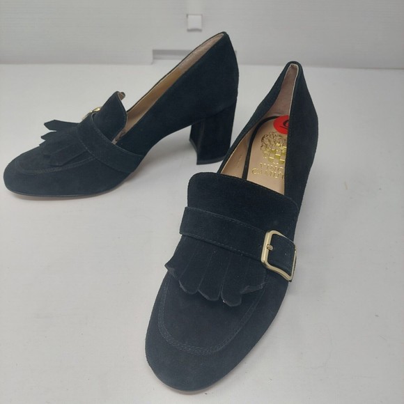 Vince Camuto Giuliann Black Suede Leather Fringe Block Heel Pumps Size 6 M - Picture 1 of 8